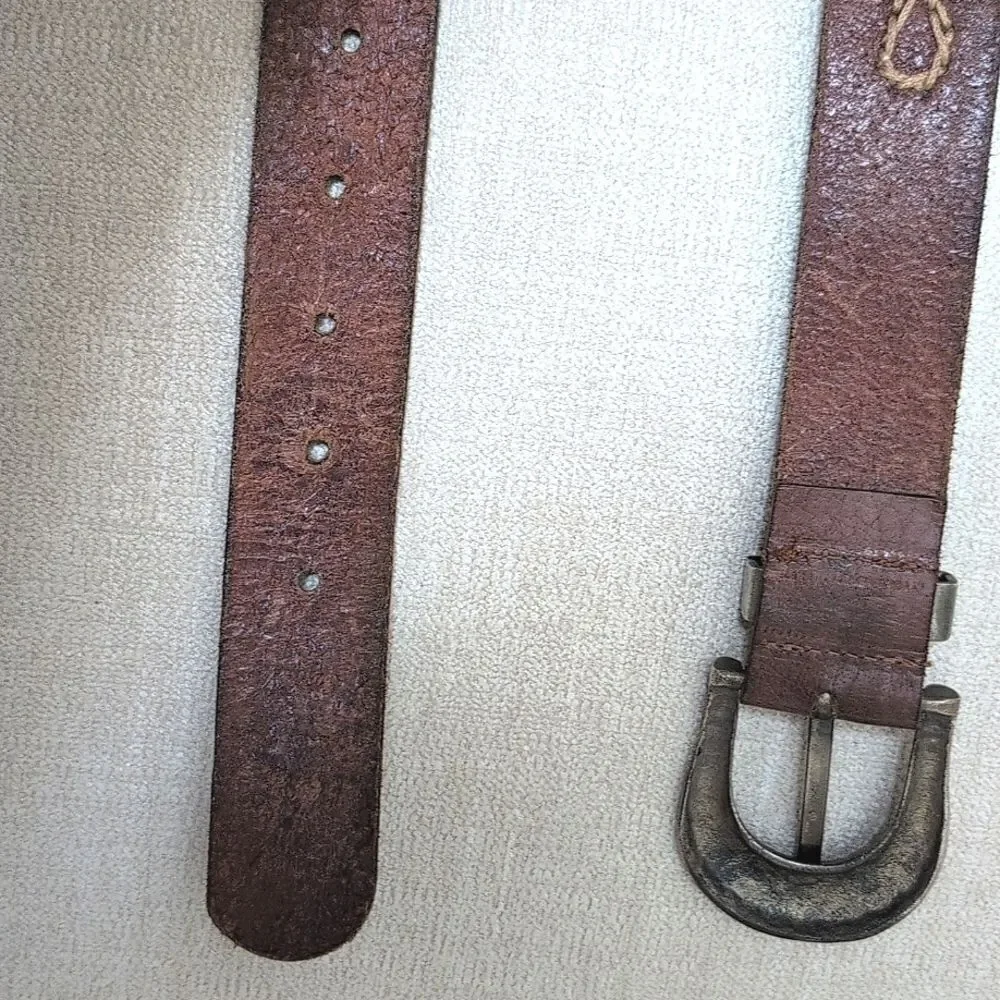 Brown Leather Belt with Cabachon Stone Medallions & Silver Scroll Work Buckle